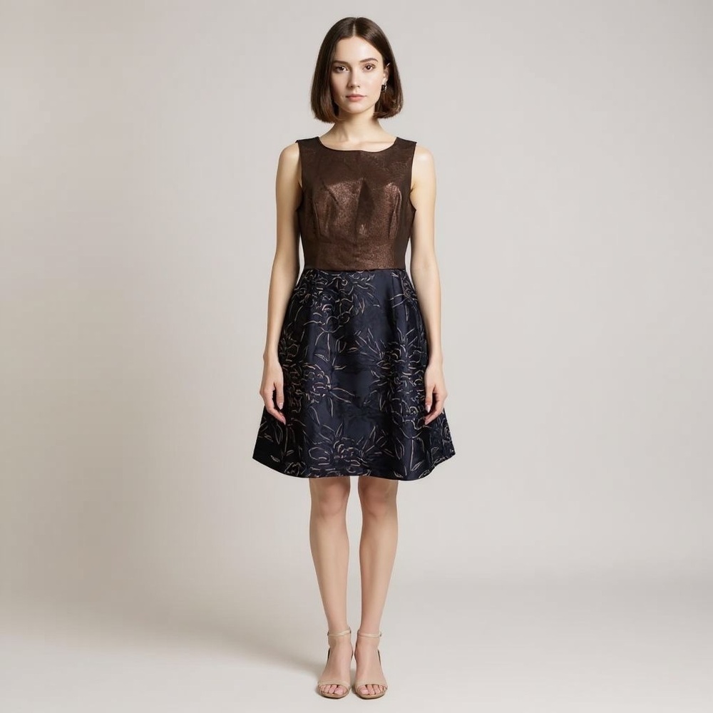 Anthropologie Hutch Lina Metallic Bronze and Navy Floral Sheath Dress